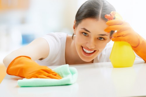 Cleaner maintaining kitchen and living areas in Docklands home