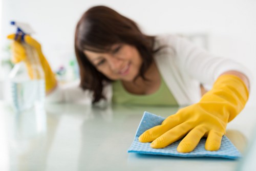 Local cleaner treating stains on a lounge sofa in a Docklands home